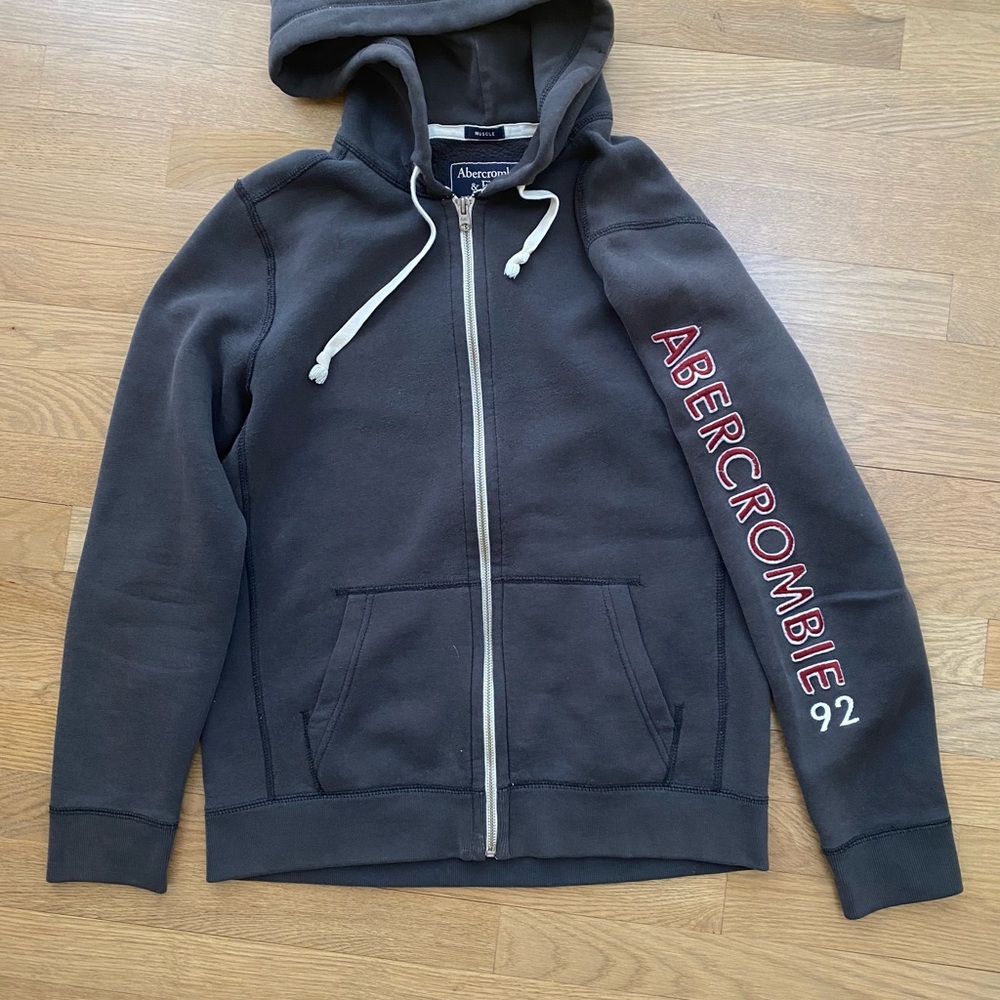 Abercrombie & Fitch Men Soft Fleece Charcoal Hoodie Jacket Red Accents Size S